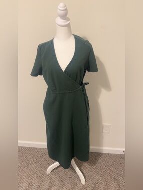 Pact Green Wrap Midi Crepe Dress with Flutter Sleeves Size Medium